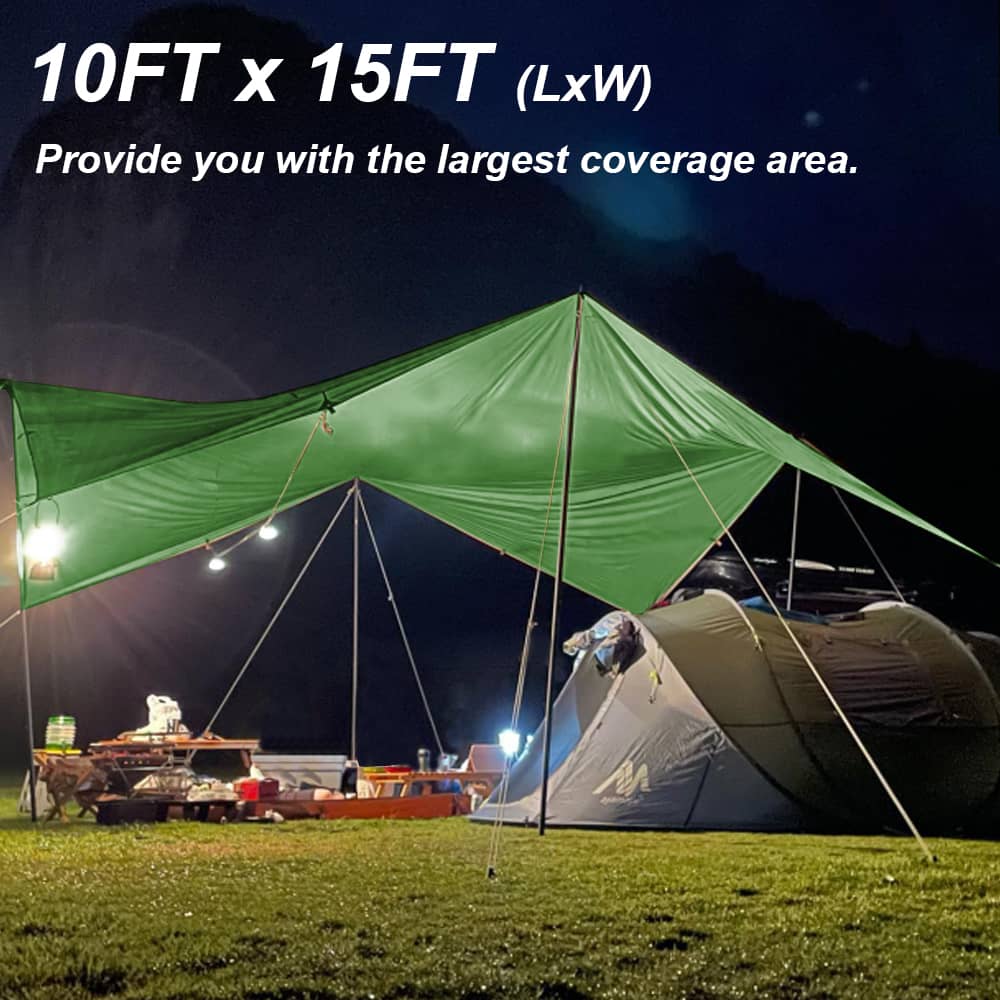Camping Tarp | Large Size 10x15 FT Hammock Tent Tarps | 8 Stakes & 8 Guylines